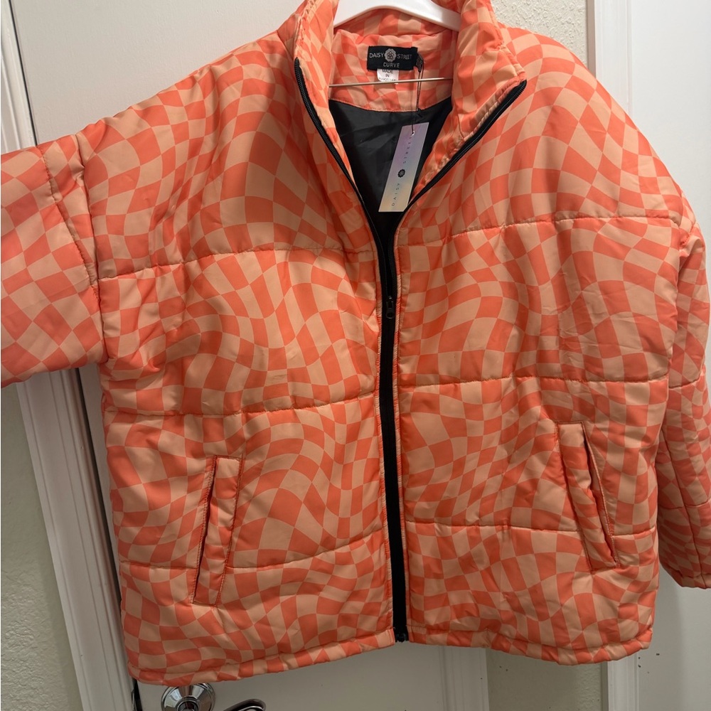Checkered Orange Puffer Jacket